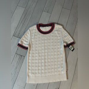 Tommy Hilfiger Cream Knit Dog Sweater with Red and Black Trim